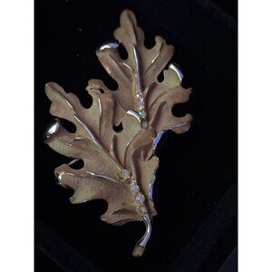 Vintage BSK Leaf Brooch With Rhinestones & Gold-Tone Metal